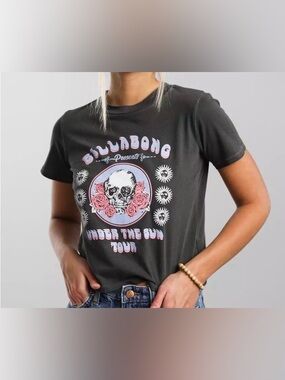 Billabong Dark Gray Skull Tee with Pink Roses and Light Blue Accents